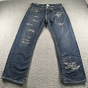 True Religion Billy Jeans Mens 34 Distressed Bootcut Dark Wash Thrashed